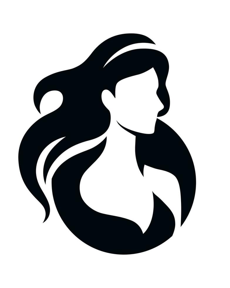 elegant Luxus Logo mit schön Gesicht von jung Erwachsene Frau mit lange Haar. sexy Symbol Silhouette von Kopf und Text Beschriftung vektor