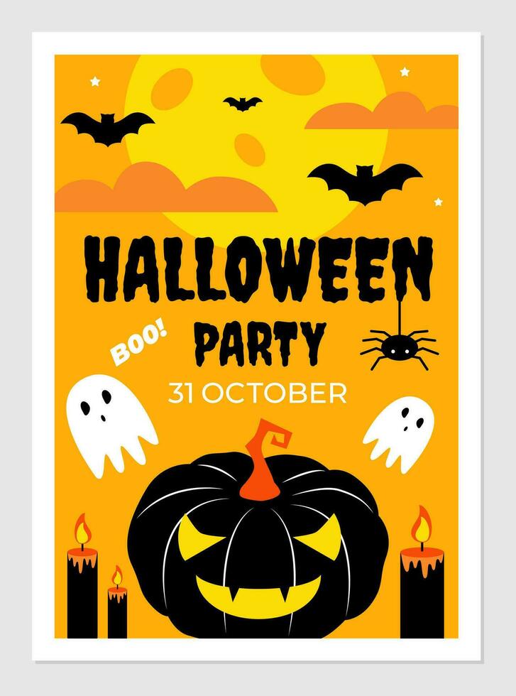 halloween affisch. vektor illustration med spöken, pumpa, fladdermöss, Spindel, måne och ljus. Semester bakgrund för halloween fest. text design.