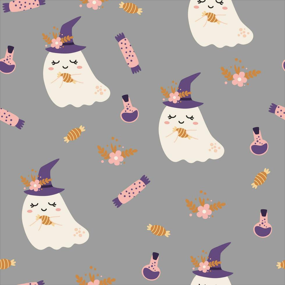 söt spöke sömlös mönster, barn halloween digital bakgrund. grå läskigt tyg design med spöken, stjärnor och godis. vektor illustration