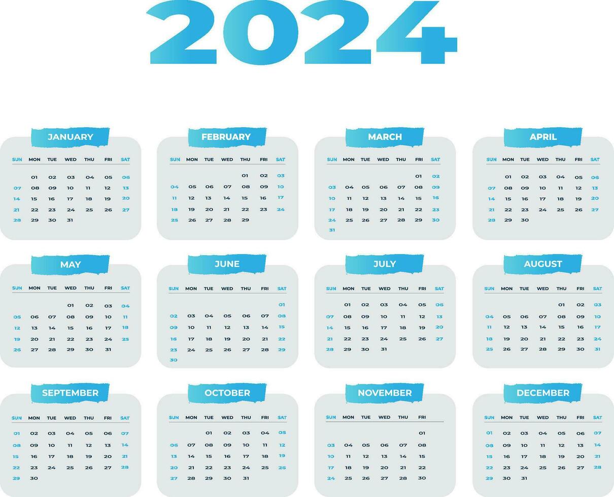 en gång i månaden kalender mall för 2024 år, kalender 2024 vecka Start söndag företags- design sida kalender för ny år. vektor