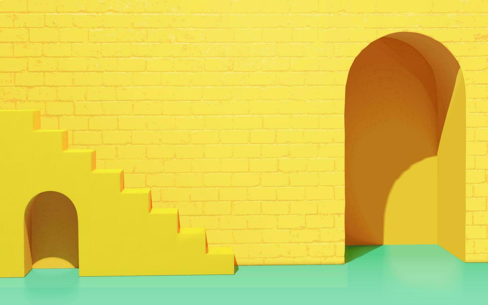 3d modisch Szene Design von Gelb Backstein Wand, Bögen und Stufen. kreativ Hintergrund geeignet zum Produkt Anzeige. vektor