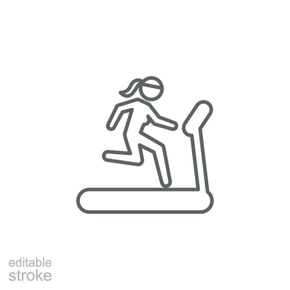 kvinna löpning på löpband ikon. enkel översikt stil. springa, kvinna, Gym Utrustning, kondition, övning maskin, sport begrepp. tunn linje symbol. vektor isolerat på vit bakgrund. redigerbar stroke svg.