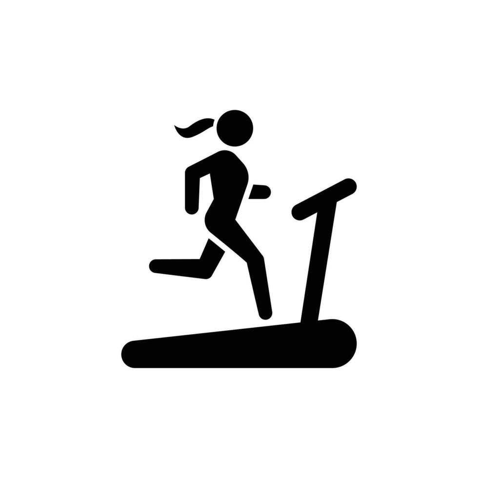 Frau Laufen auf Laufband Symbol. einfach solide Stil. laufen, weiblich, Fitnessstudio Ausrüstung, Fitness, Übung Maschine, Sport Konzept. schwarz Silhouette, Glyphe Symbol. Vektor isoliert auf Weiß Hintergrund. SVG.