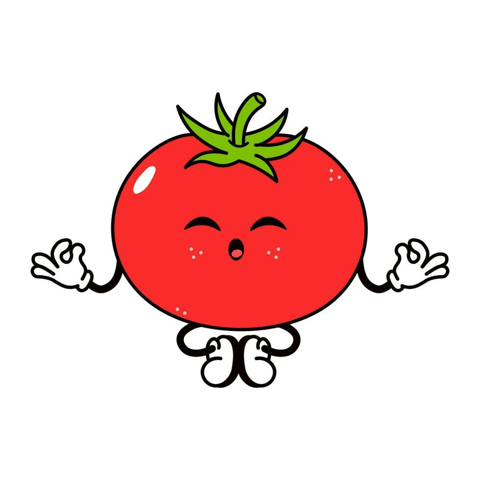 Tomate tun Yoga Charakter. Vektor Hand gezeichnet traditionell Karikatur Jahrgang, retro, kawaii Charakter Illustration Symbol. isoliert auf Weiß Hintergrund. Tomate entspannen Charakter