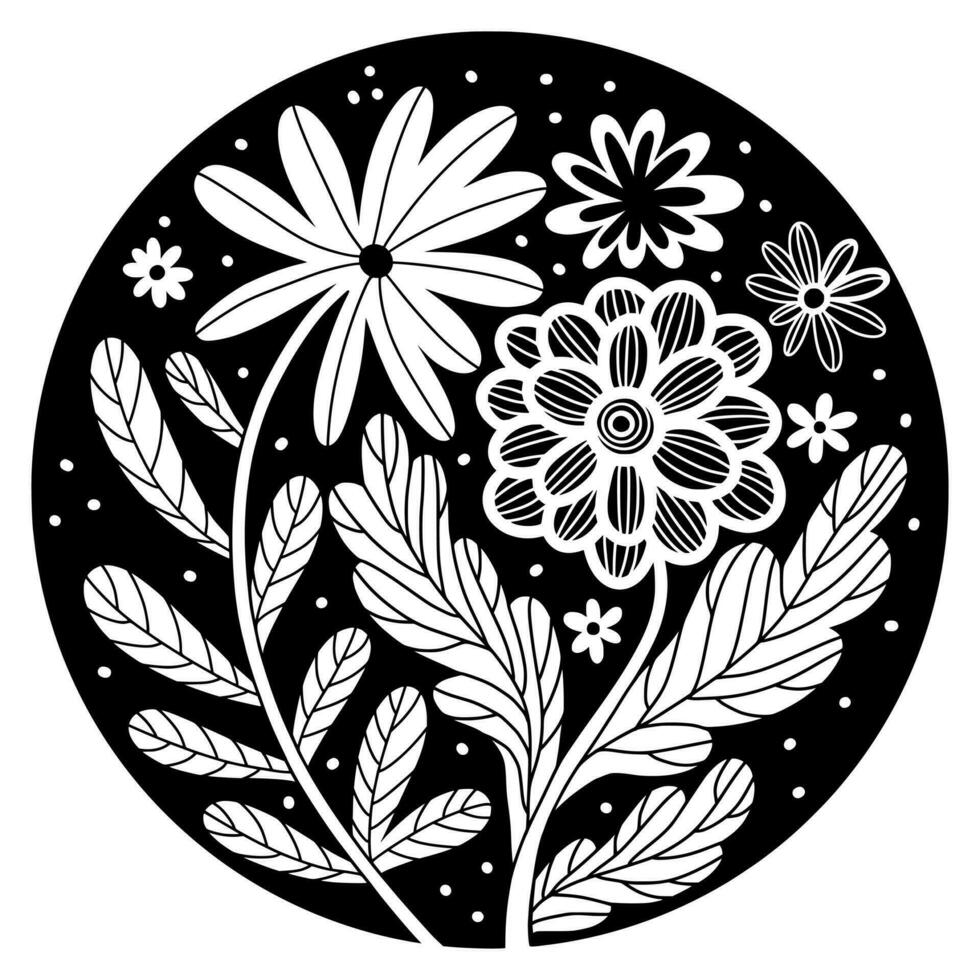 schwarz und Weiß Blumen runden Emblem, dekorativ abstrakt Blumen- Abzeichen, Vektor Illustration, Design Element zum Ökologie Konzepte, natürlich Produkte, Blume Geschäft, Verpackung, druckt auf Hemden, Taschen