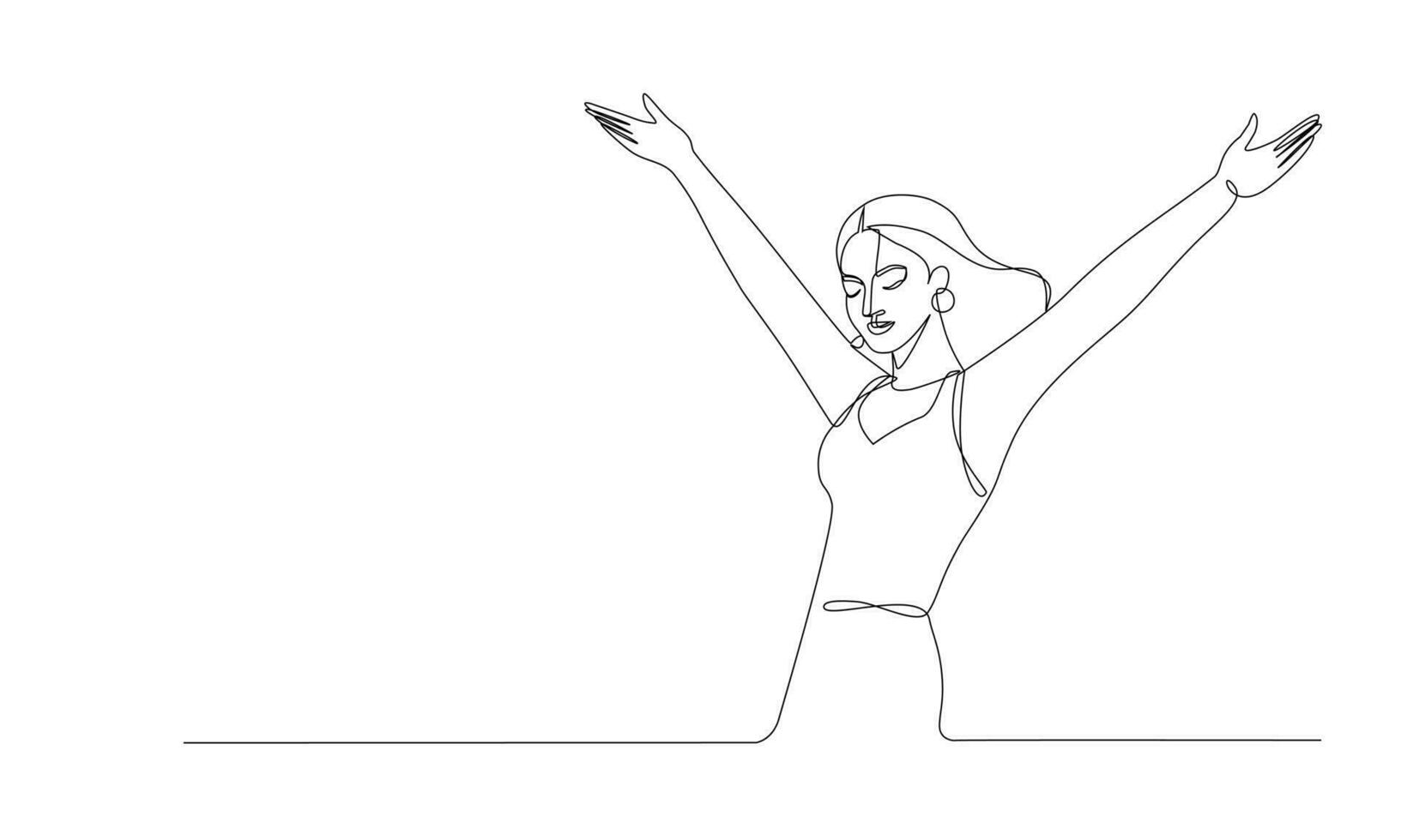 ett linje konst illustration av en kvinna med Uppfostrad händer i en gest av hälsning eller slut av en prestanda, dansa, glad uttryck, firande av kvinnlighet, upplyftande energi, medium skott vektor