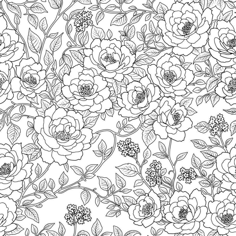 Blumen- nahtlos Muster von Blumen und Blätter im Linie Kunst Stil, schwarz und Weiß. kann benutzt zum Färbung Buch, Hintergrund Design zum Textilien, Papiere, Drucke, Mode, Hintergrund, Schönheit Produkte. vektor