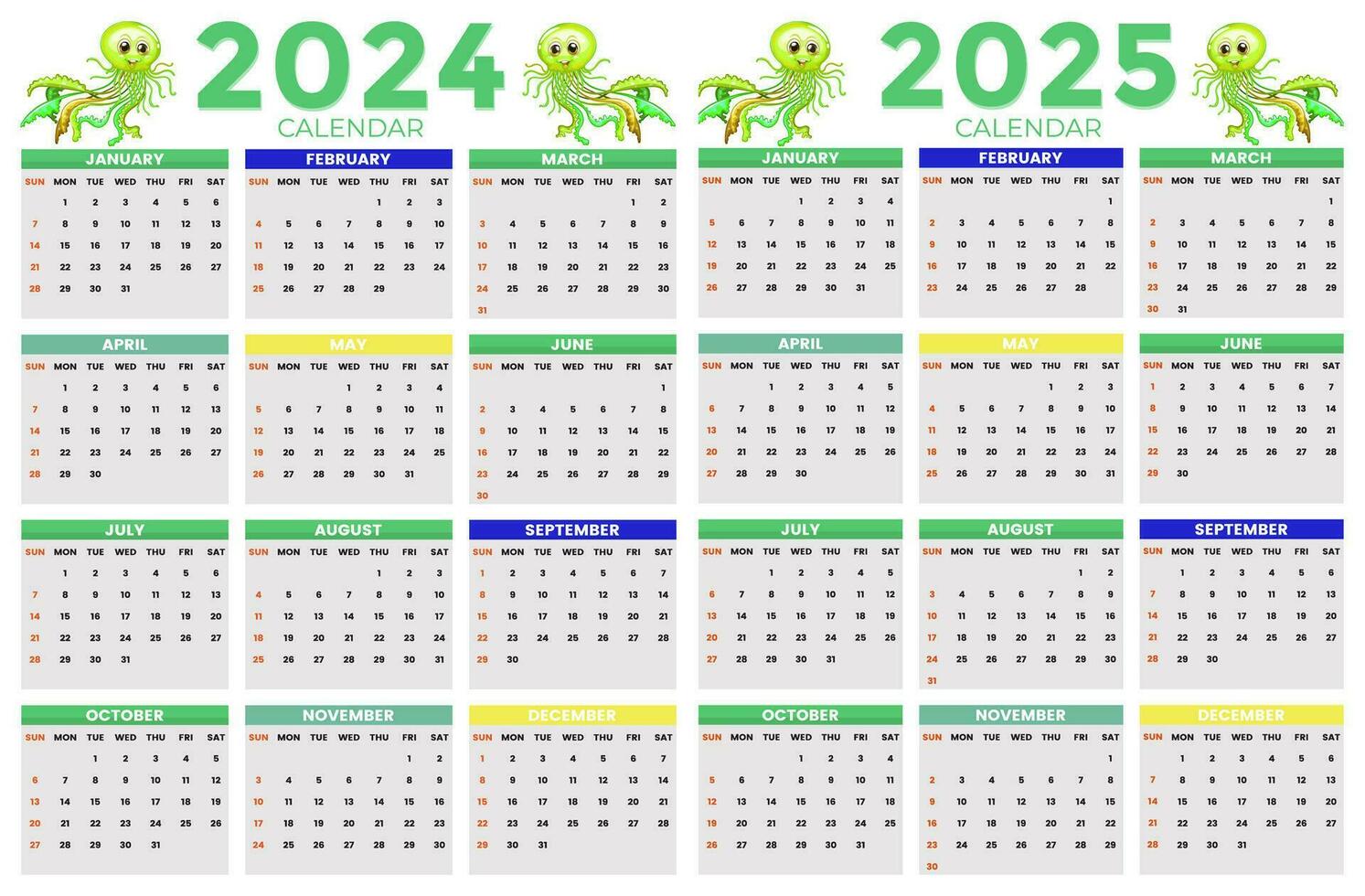 2024, 2025 kalender design mall för Lycklig ny år vektor
