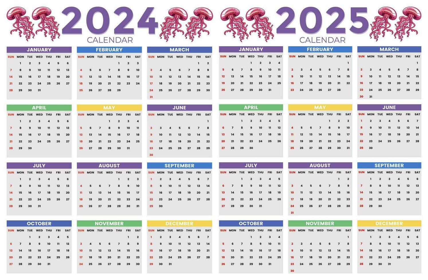 2024, 2025 kalender design mall för Lycklig ny år vektor