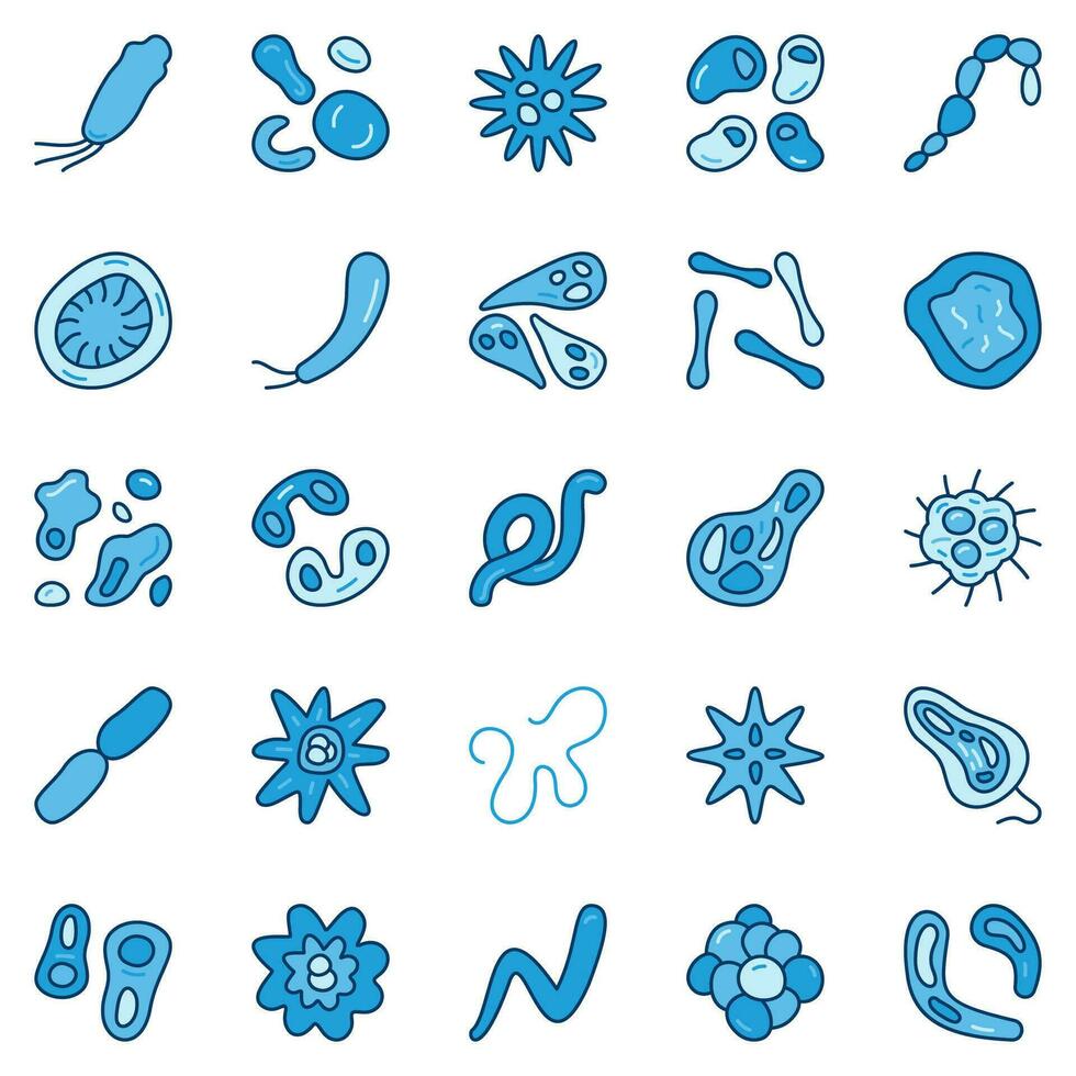 Bakterien und Mikroben Blau Symbole Satz. Viren Zeichen. Mikrobe Konzept Symbole vektor