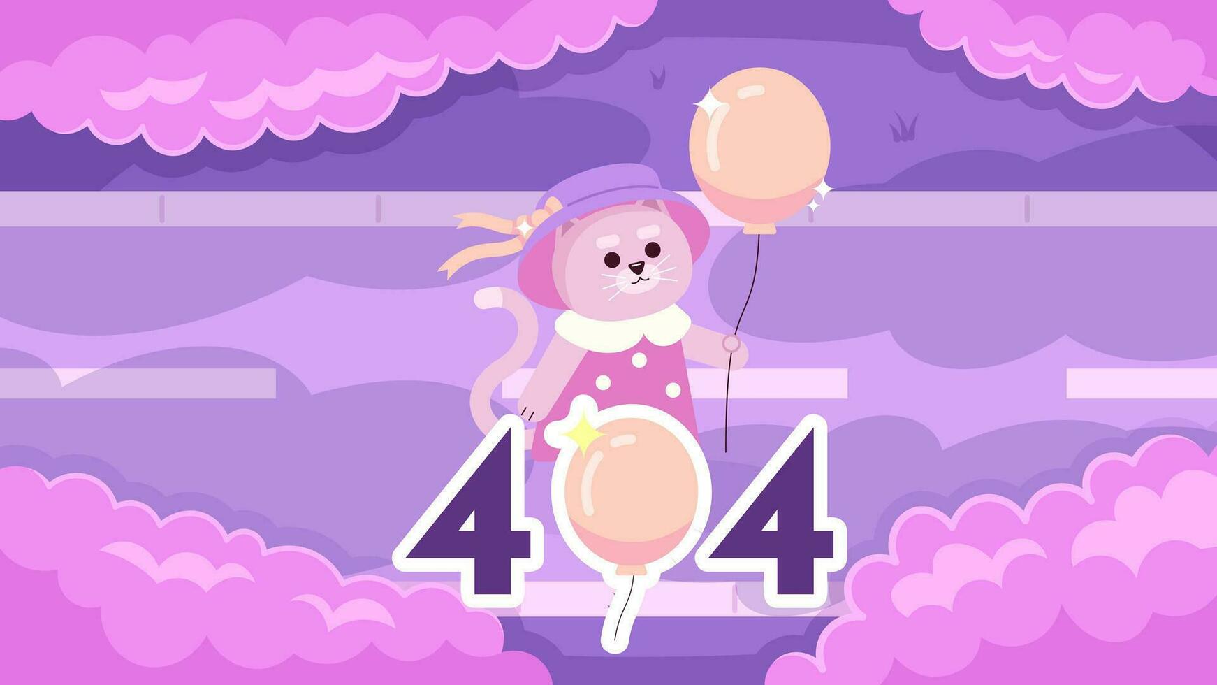 kawaii Katze mit Ballon Aufpassen Wolken Error 404 Blitz Botschaft. Himmel Blick. Webseite Landung Seite ui Design. nicht gefunden Karikatur Bild, süß Schwingungen. Vektor eben Illustration mit kawaii Anime Hintergrund