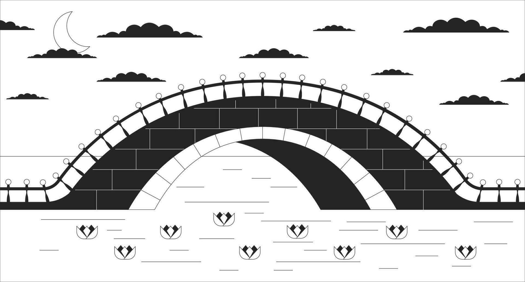 Dämmerung Brücke über Fluss schwarz und Weiß siehe da fi ästhetisch Hintergrund. Halbmond Mond Dämmerung über Wasser Lilien Gliederung 2d Vektor Karikatur Landschaft Illustration, einfarbig lofi Hintergrund