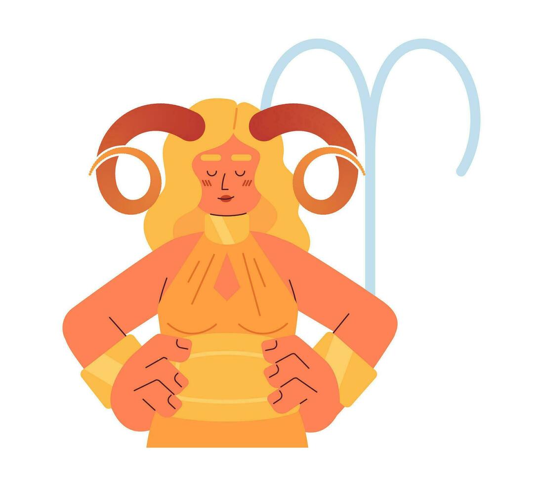 aries zodiaken tecken platt begrepp vektor fläck illustration. blond kvinna med vriden horn 2d tecknad serie karaktär på vit för webb ui design. astrologi isolerat redigerbar kreativ hjälte bild