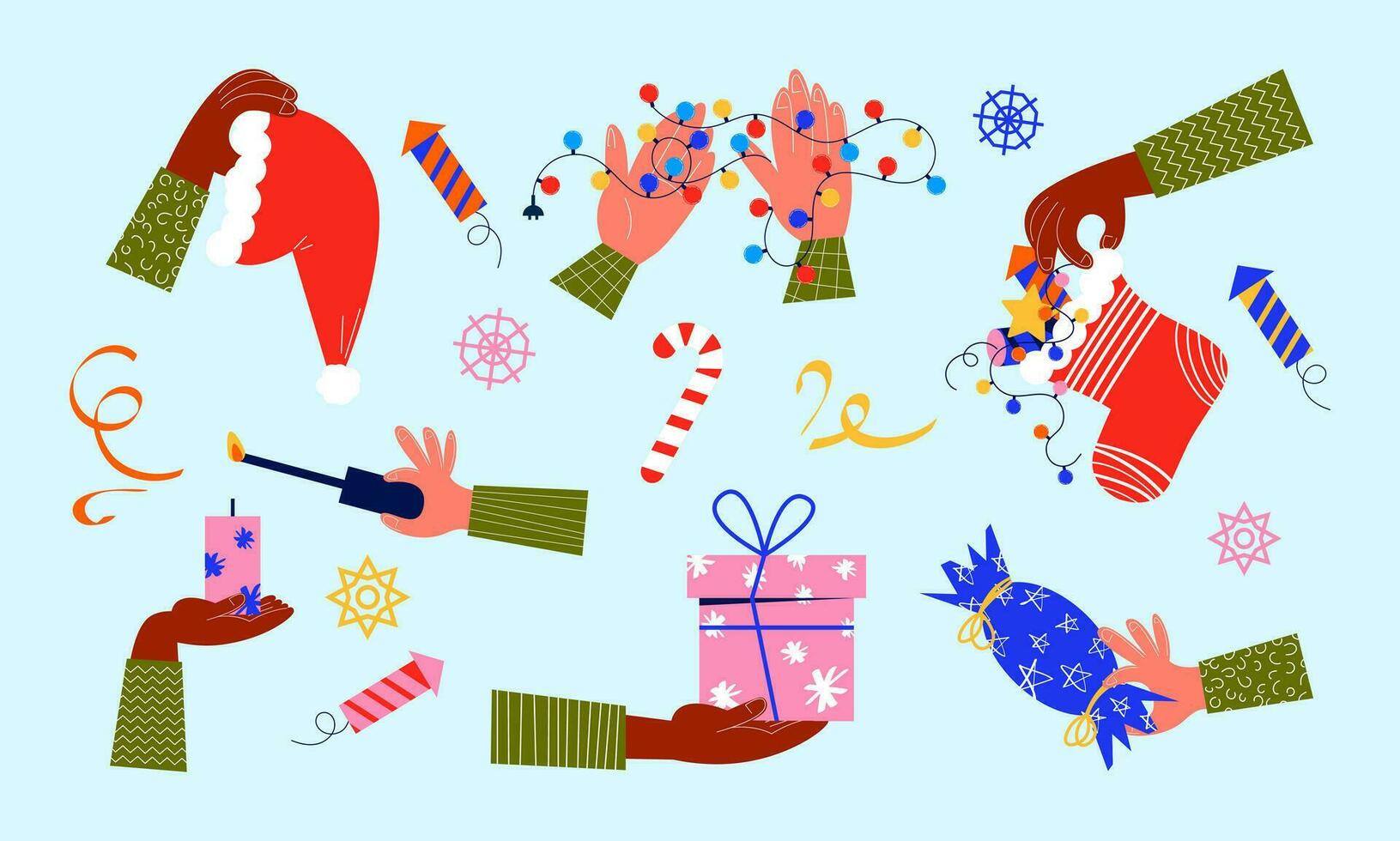 einstellen von Neu Jahr Elemente. Weihnachten Laternen, Socke mit Geschenke, Süssigkeit, Santa claus Hut, Cracker und andere Elemente im Hand. Vektor Illustration im ein eben Stil.