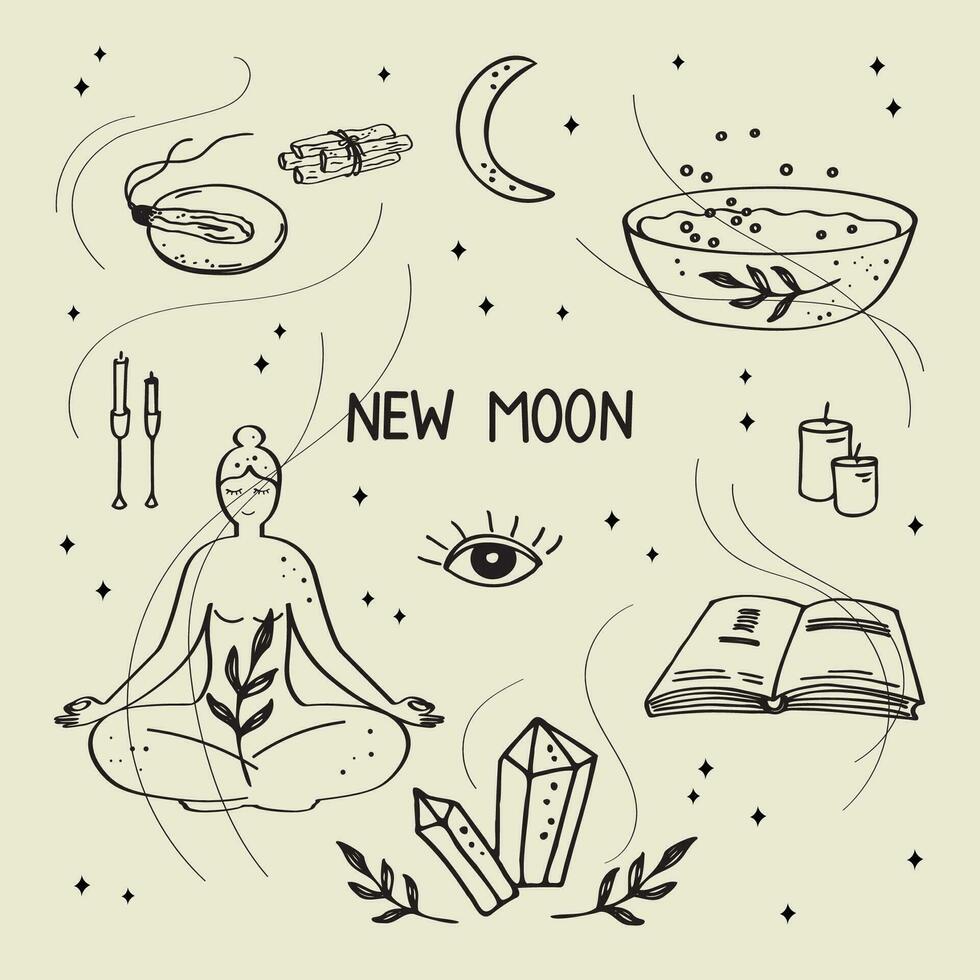 Neu Mond Rituale Hand gezeichnet Vektor Illustration mystisch Motiv. Gekritzel meditieren Frau, Kristalle, Mond, Sterne, Bad, Santo Palo Aroma, Kerzen. Lebensstil, Veränderung, Zoll, Yoga, spirituell. zum Design