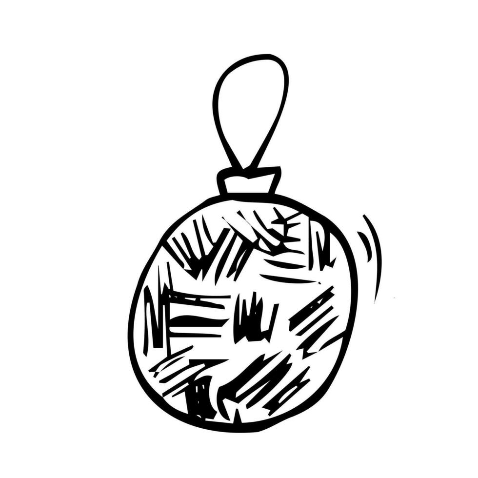 hand dragen jul struntsak. träd leksak, boll. ny år eller jul design element. klotter stil. svart och vit vektor illustration.