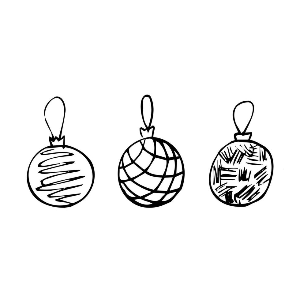 hand dragen jul struntsak. träd leksak, boll. ny år eller jul design element. klotter stil. svart och vit vektor illustration.