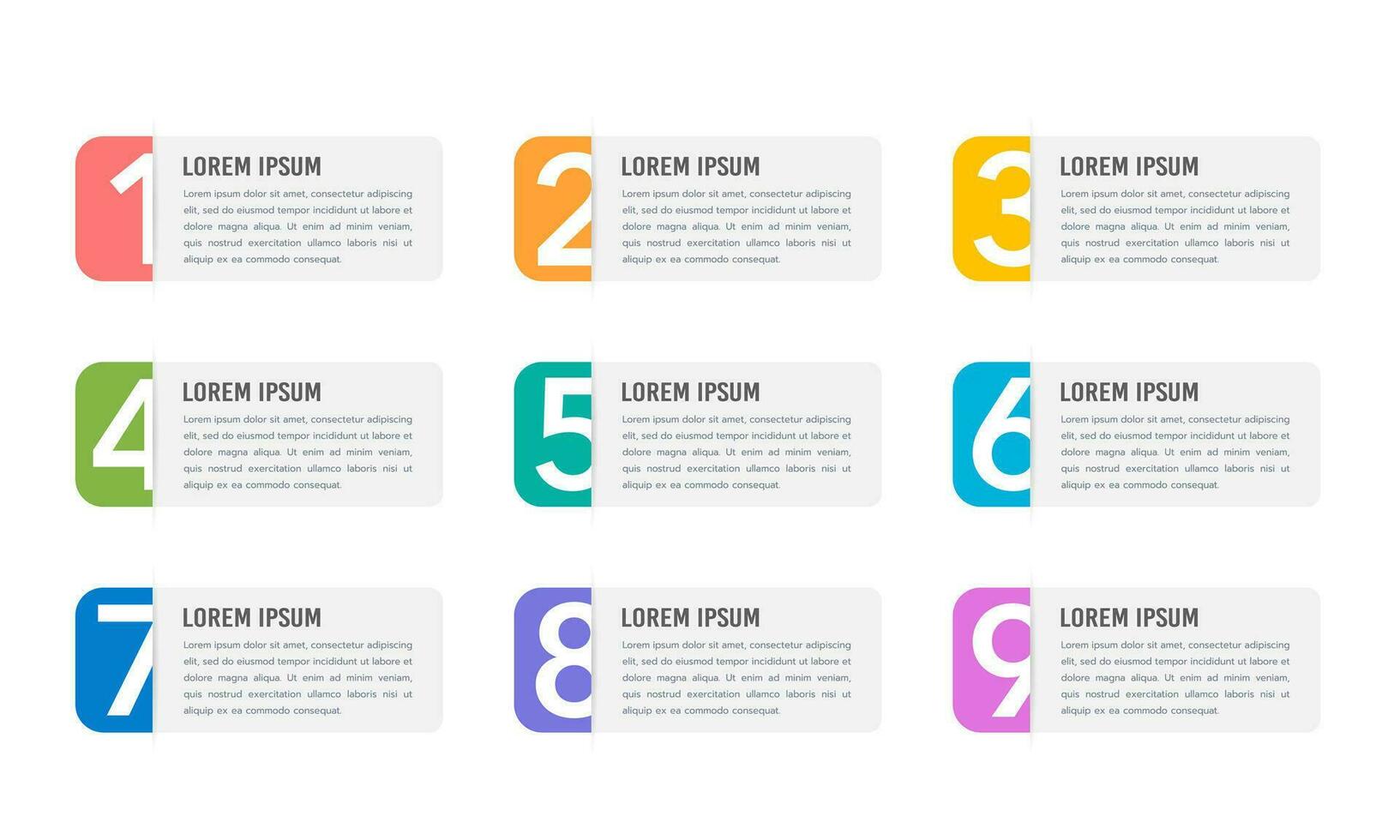 Infografiken Etikette Zahlen 1 zu 9 Schritte oder Optionen. Geschäft Verfahren. Vektor Illustration.