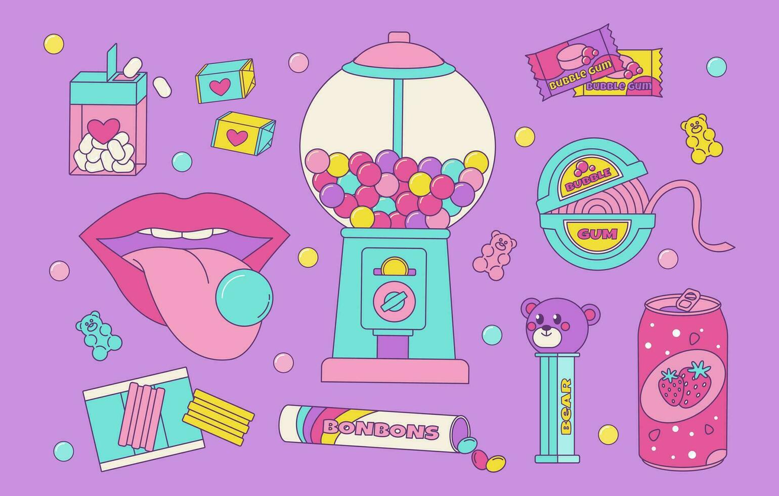 uppsättning av färgrik sötsaker, bubbla gummi från de 80s 90-talet, retro stil, nostalgisk element. vektor illustration i årgång stil