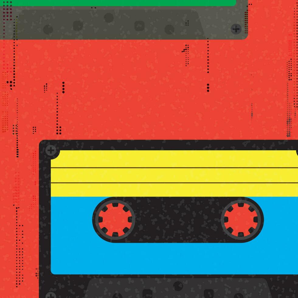 färgrik plast audio kassett band platt design med riso skriva ut effekt vektor illustration på orange bakgrund ha tom Plats.