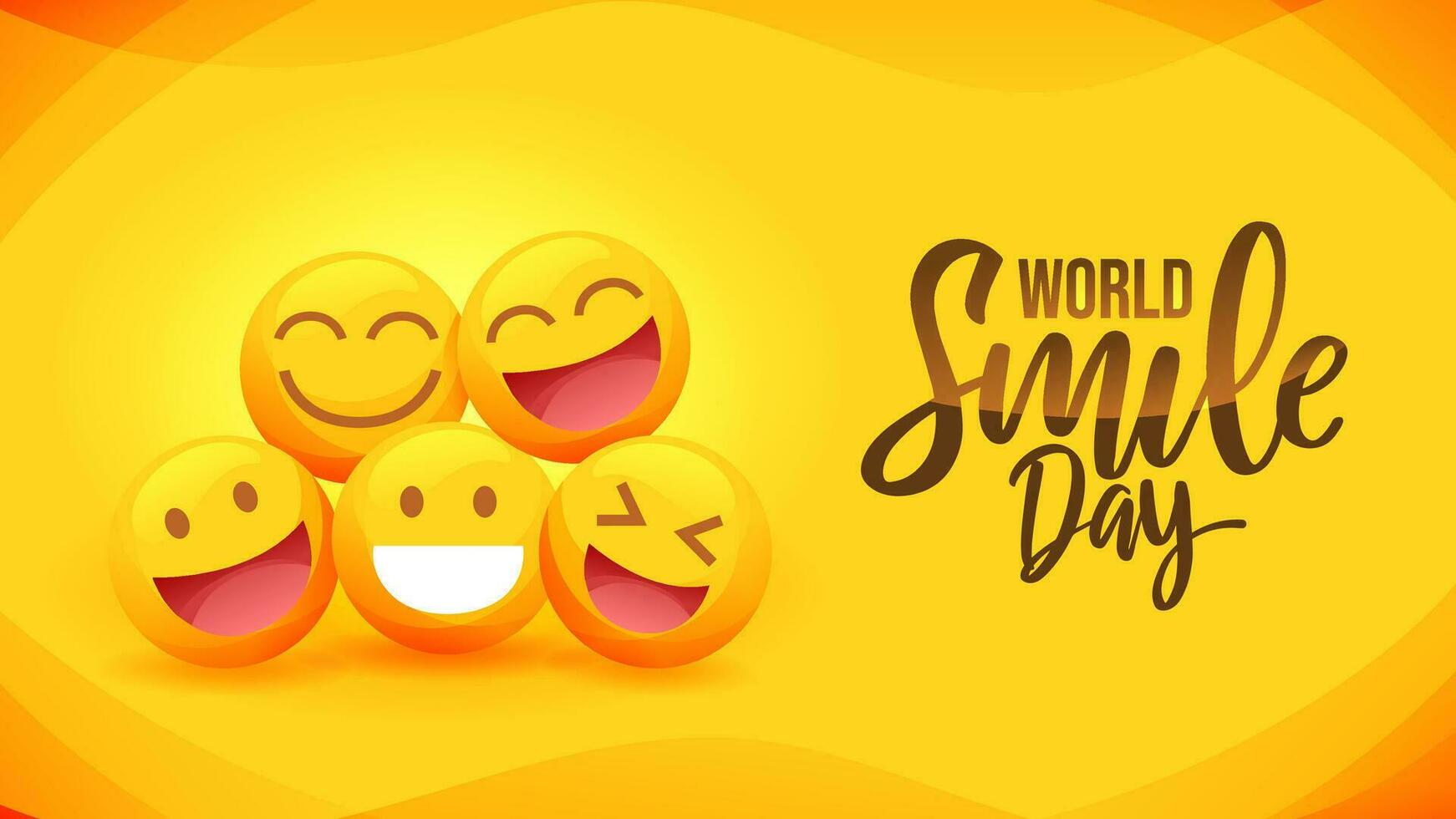 Welt Lächeln Tag Banner mit lächelnd Emoji und Hand Beschriftung Kalligraphie vektor