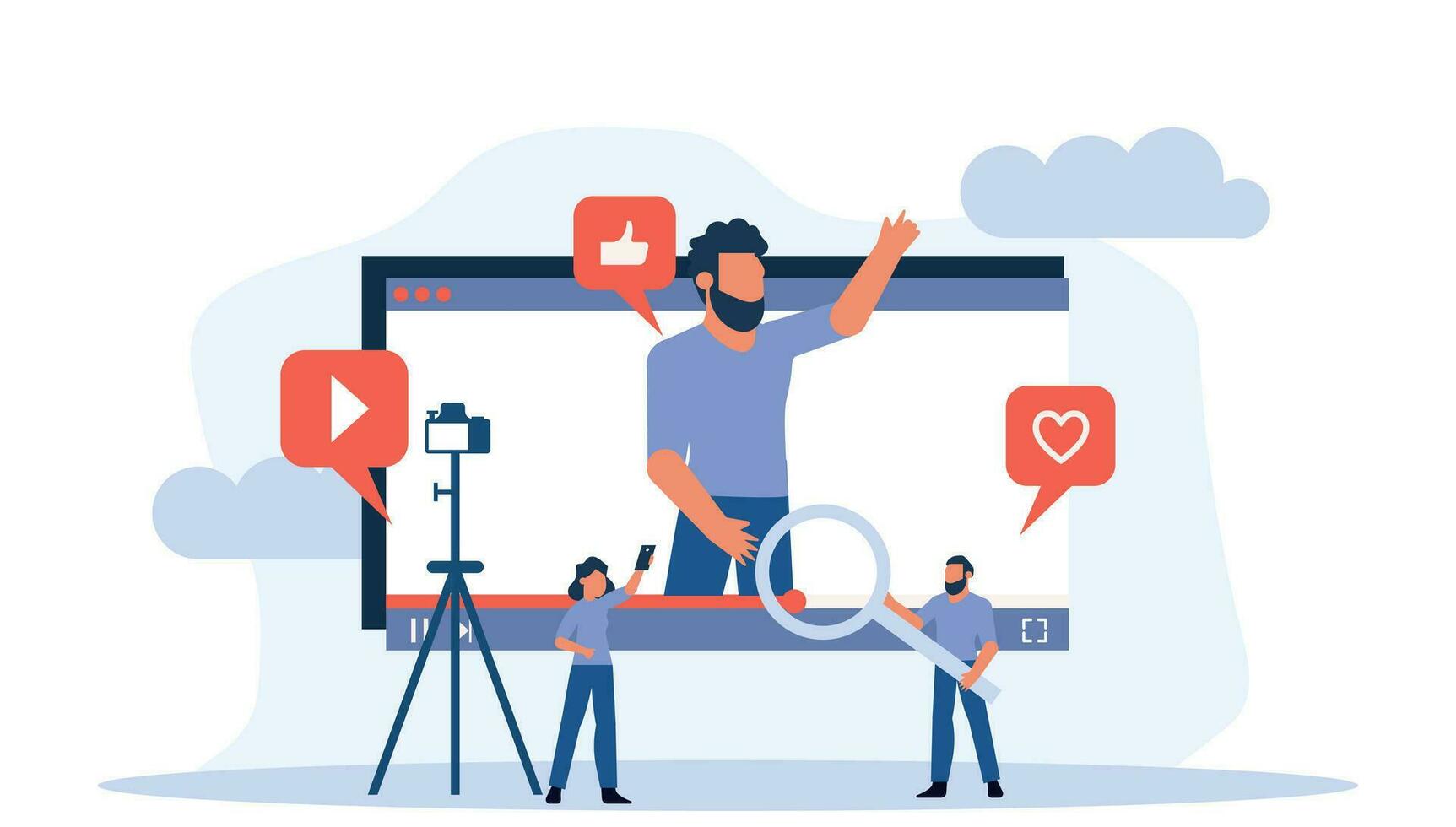 bloggare inspelning media video på kamera. digital teknologi utsända uppkopplad nätverk illustration. vlog ström leva multimedia. förbindelse cyberrymden kanal frilansare videographer design vektor