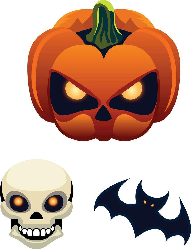 uppsättning av halloween tema ikoner vektor illustration skrämmande pumpor, skalle, fladdermus stock vektor bild