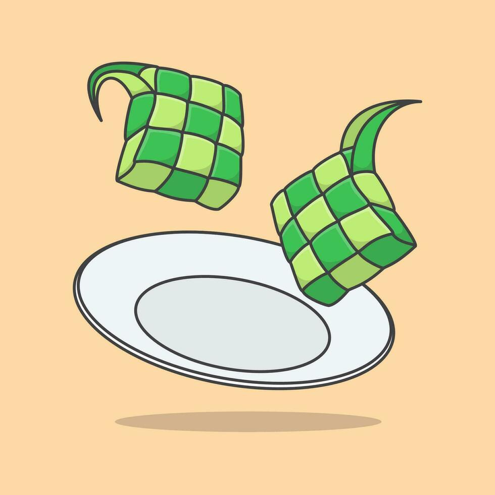 Ketupat eller ris klimp på en tallrik tecknad serie vektor illustration. eid al fitr Ketupat mat platt ikon översikt