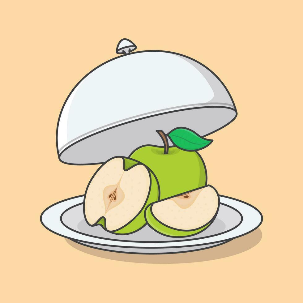 geöffnet Restaurant Glocke mit Grün Apfel Karikatur Vektor Illustration. frisch Apfel Obst eben Symbol Gliederung