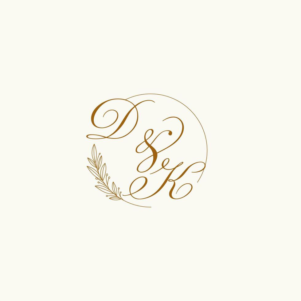 initialer dk bröllop monogram logotyp med löv och elegant cirkulär rader vektor