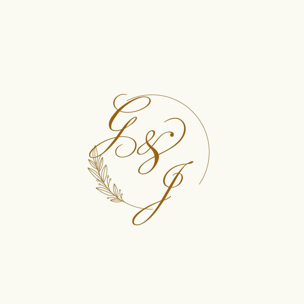 initialer gj bröllop monogram logotyp med löv och elegant cirkulär rader vektor