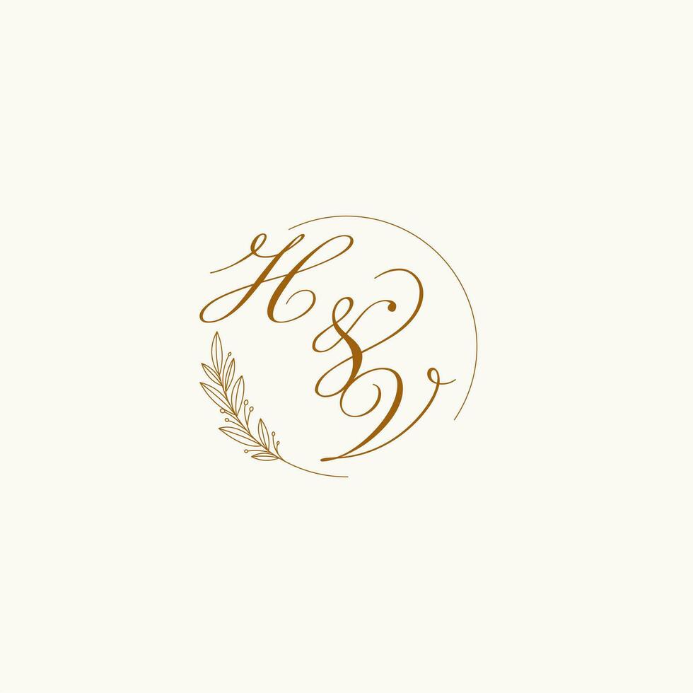 initialer hv bröllop monogram logotyp med löv och elegant cirkulär rader vektor