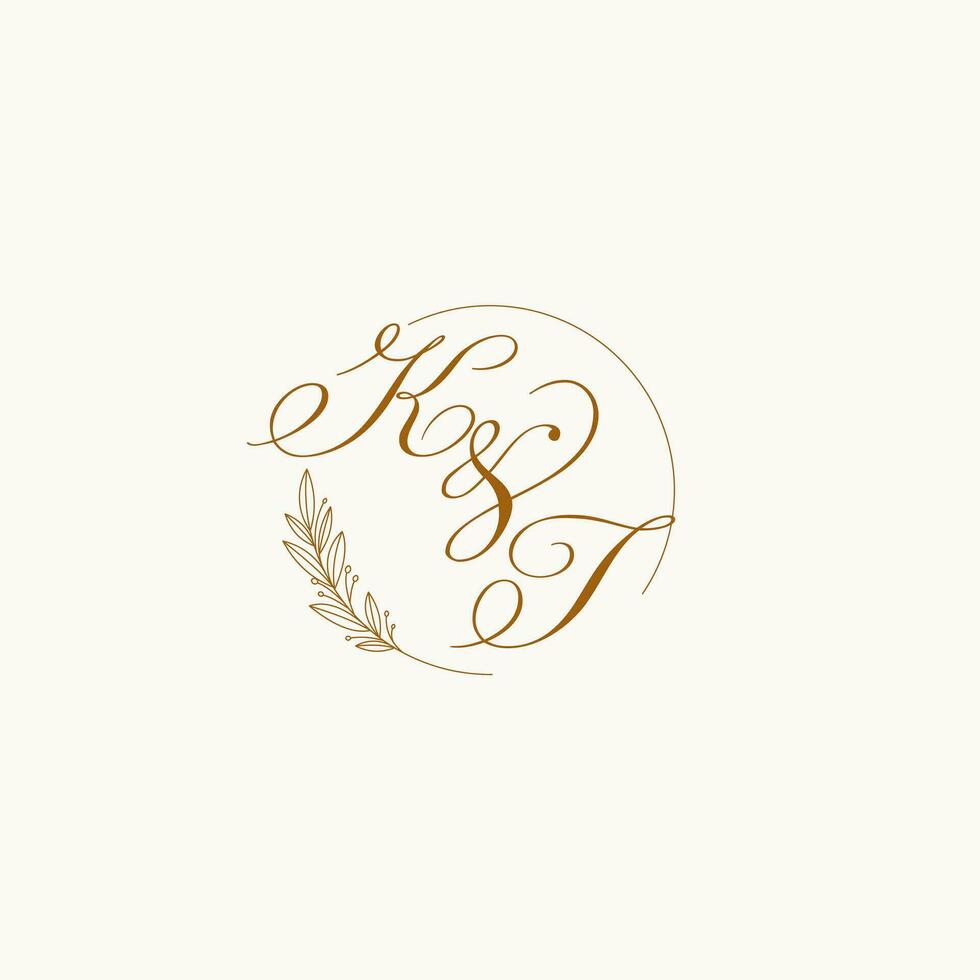 Initialen kt Hochzeit Monogramm Logo mit Blätter und elegant kreisförmig Linien vektor