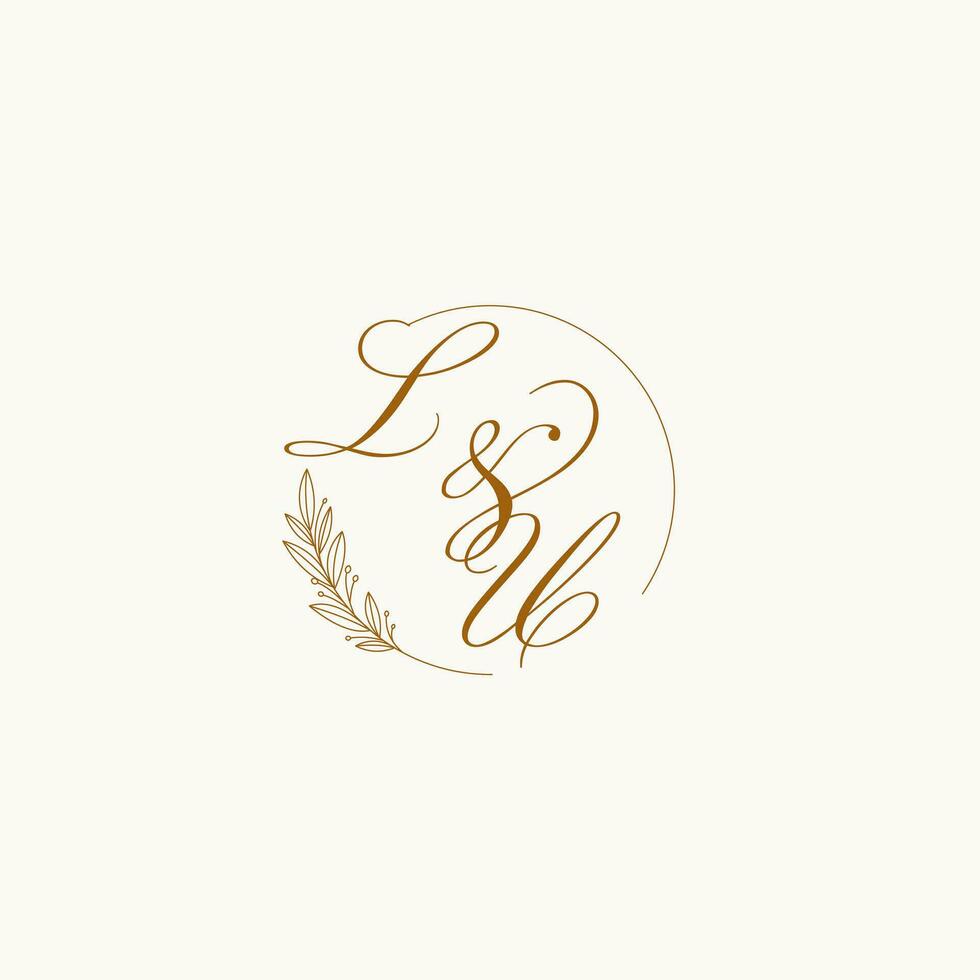 initialer lu bröllop monogram logotyp med löv och elegant cirkulär rader vektor