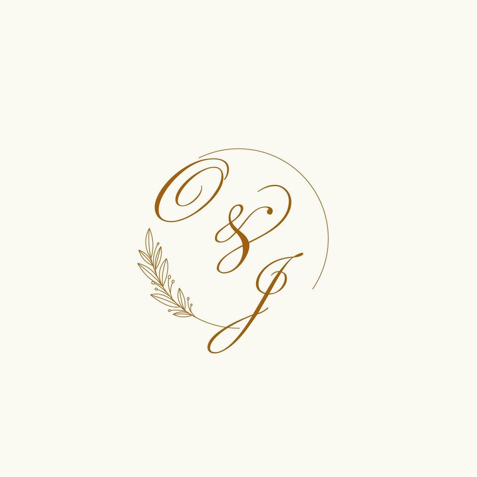 initialer oj bröllop monogram logotyp med löv och elegant cirkulär rader vektor