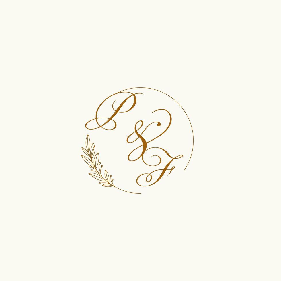initialer pf bröllop monogram logotyp med löv och elegant cirkulär rader vektor