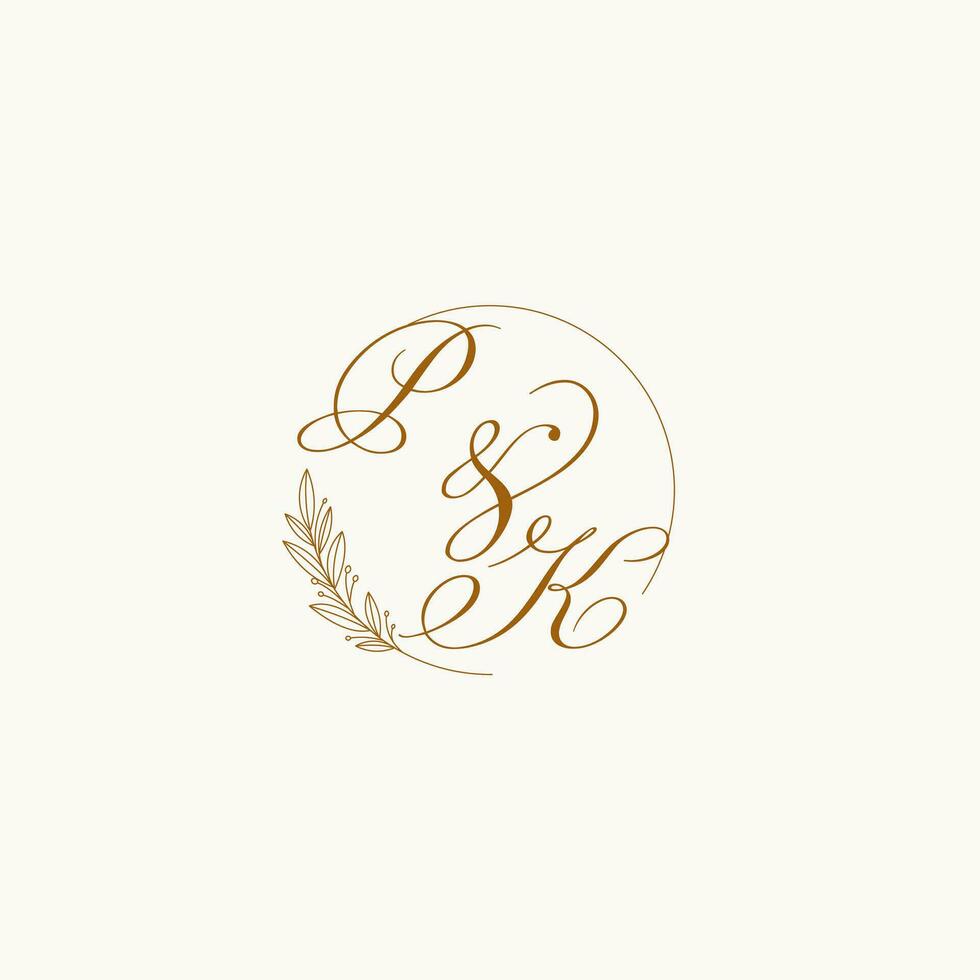 initialer pk bröllop monogram logotyp med löv och elegant cirkulär rader vektor