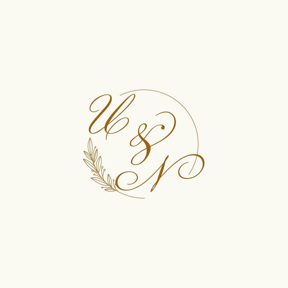 Initialen un Hochzeit Monogramm Logo mit Blätter und elegant kreisförmig Linien vektor