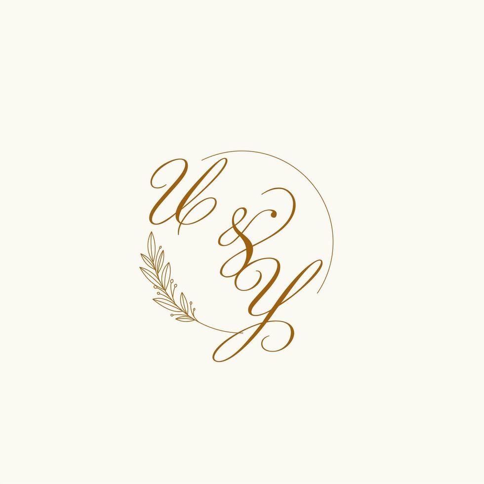 Initialen uy Hochzeit Monogramm Logo mit Blätter und elegant kreisförmig Linien vektor