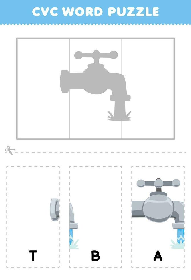 utbildning spel för barn till lära sig cvc ord förbi komplett de pussel av söt tecknad serie kran vatten bild tryckbar kalkylblad vektor