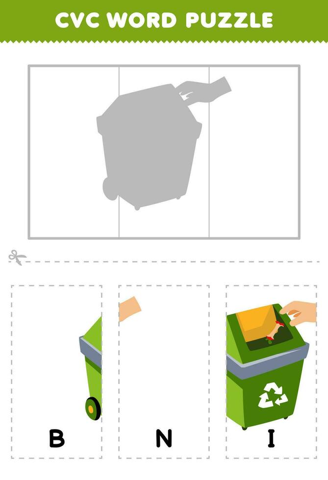 Bildung Spiel zum Kinder zu lernen Lebenslauf Wort durch Komplett das Puzzle von süß Karikatur Müll Behälter Bild druckbar Arbeitsblatt vektor