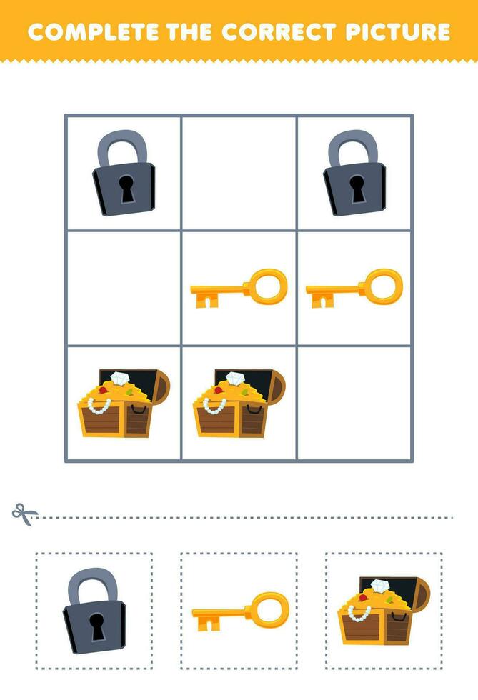 utbildning spel för barn komplett de korrekt bild av en söt tecknad serie nyckel hänglås och skatt bröst tryckbar pirat kalkylblad vektor