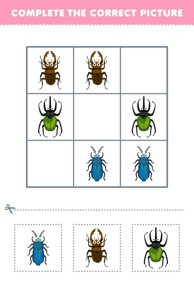 Bildung Spiel zum Kinder Komplett das richtig Bild von ein süß Karikatur Käfer druckbar Fehler Arbeitsblatt vektor