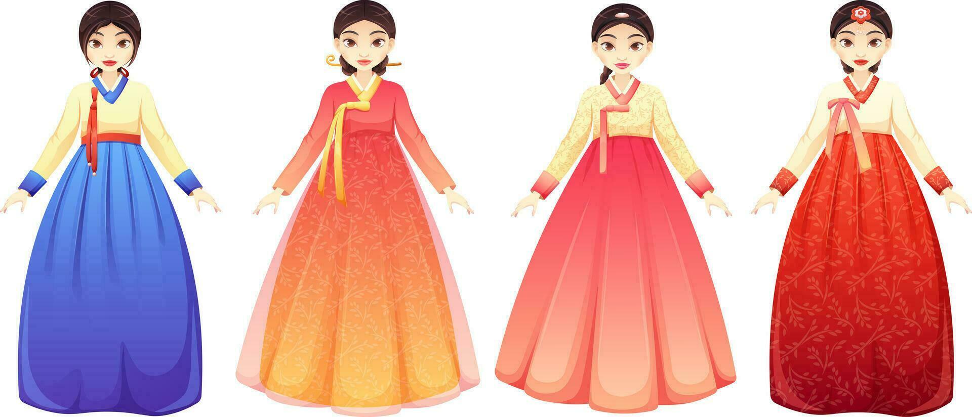 Hanbok, traditionell Koreanisch Kleidung. vier Koreanisch Mädchen im anders Hanboks vektor