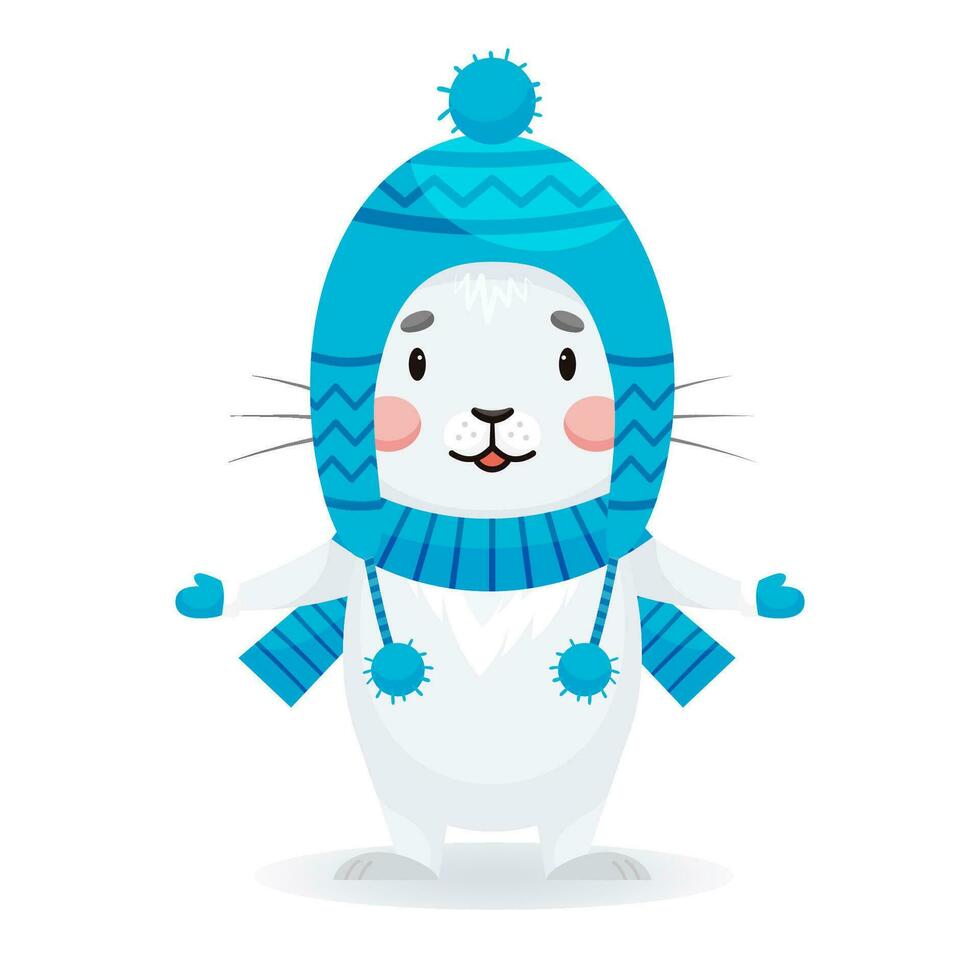 bebis grå kanin stående i en hatt, scarf, vantar. Lycklig kanin i vinter- kläder. karaktär i tecknad serie stil vektor
