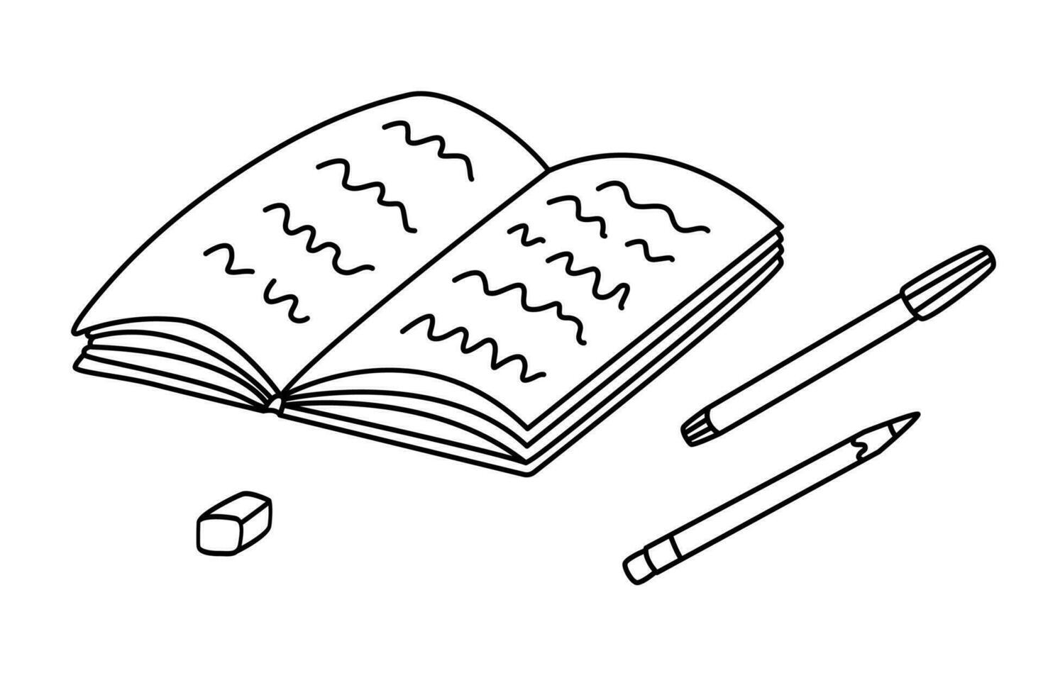 Schüler Heft oder Notizbuch mit Stift und Bleistift. Hand gezeichnet Vektor Gekritzel Illustration, schwarz Umriss.
