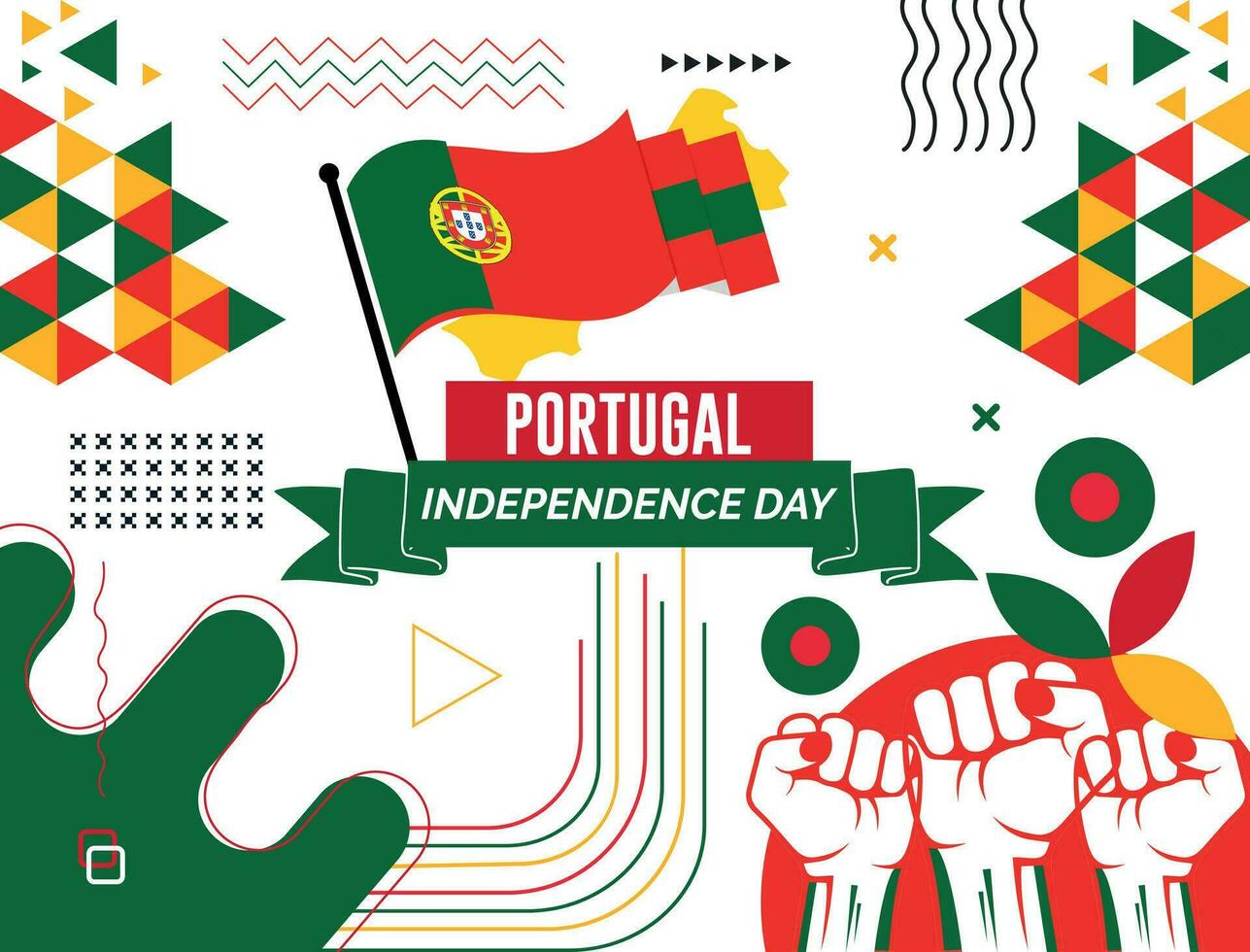 Portugal National Tag Banner mit Karte, Flagge Farben Thema Hintergrund und geometrisch abstrakt retro modern rot und Blau Farbe Design. abstrakt modern Design. vektor