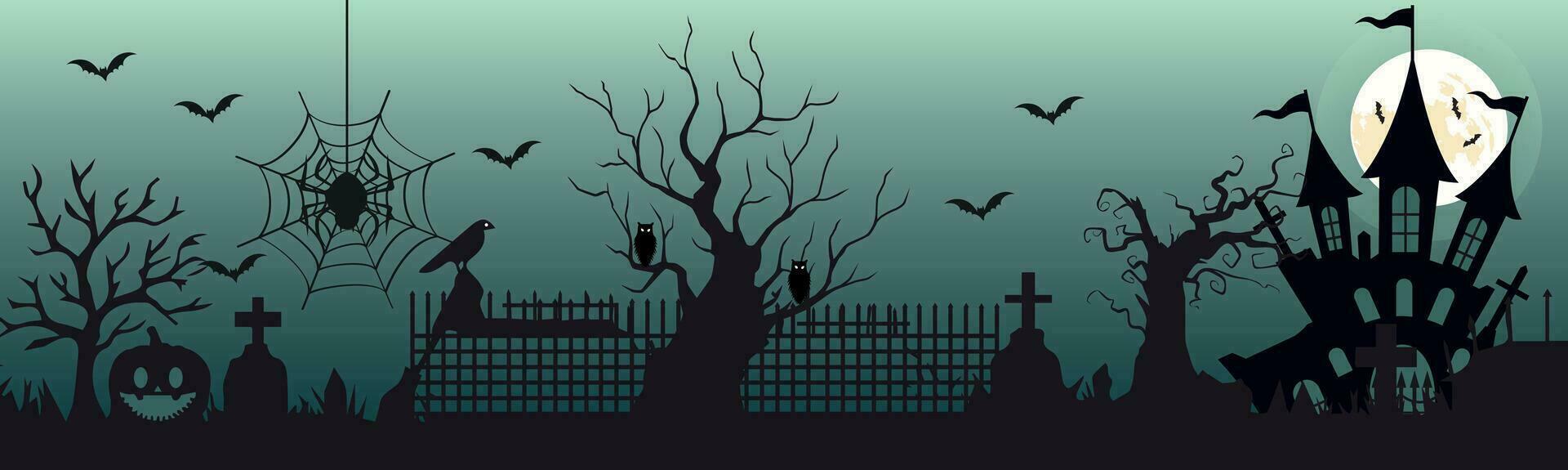 Halloween Stadt Panorama im Halloween Stil. Orange und Gelb Hintergrund. Vektor Illustration.