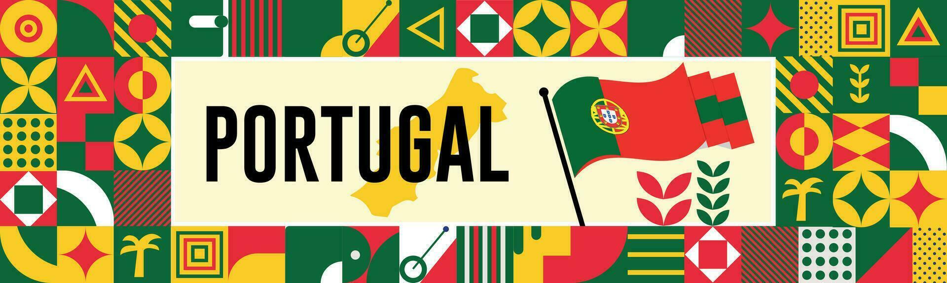 Portugal National Tag Banner mit Karte, Flagge Farben Thema Hintergrund und geometrisch abstrakt retro modern rot und Blau Farbe Design. abstrakt modern Design. vektor