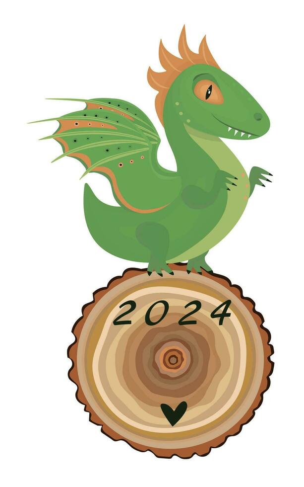 hölzern Grün Drachen auf ein hölzern Rad, das Symbol von 2024 Jahr vektor